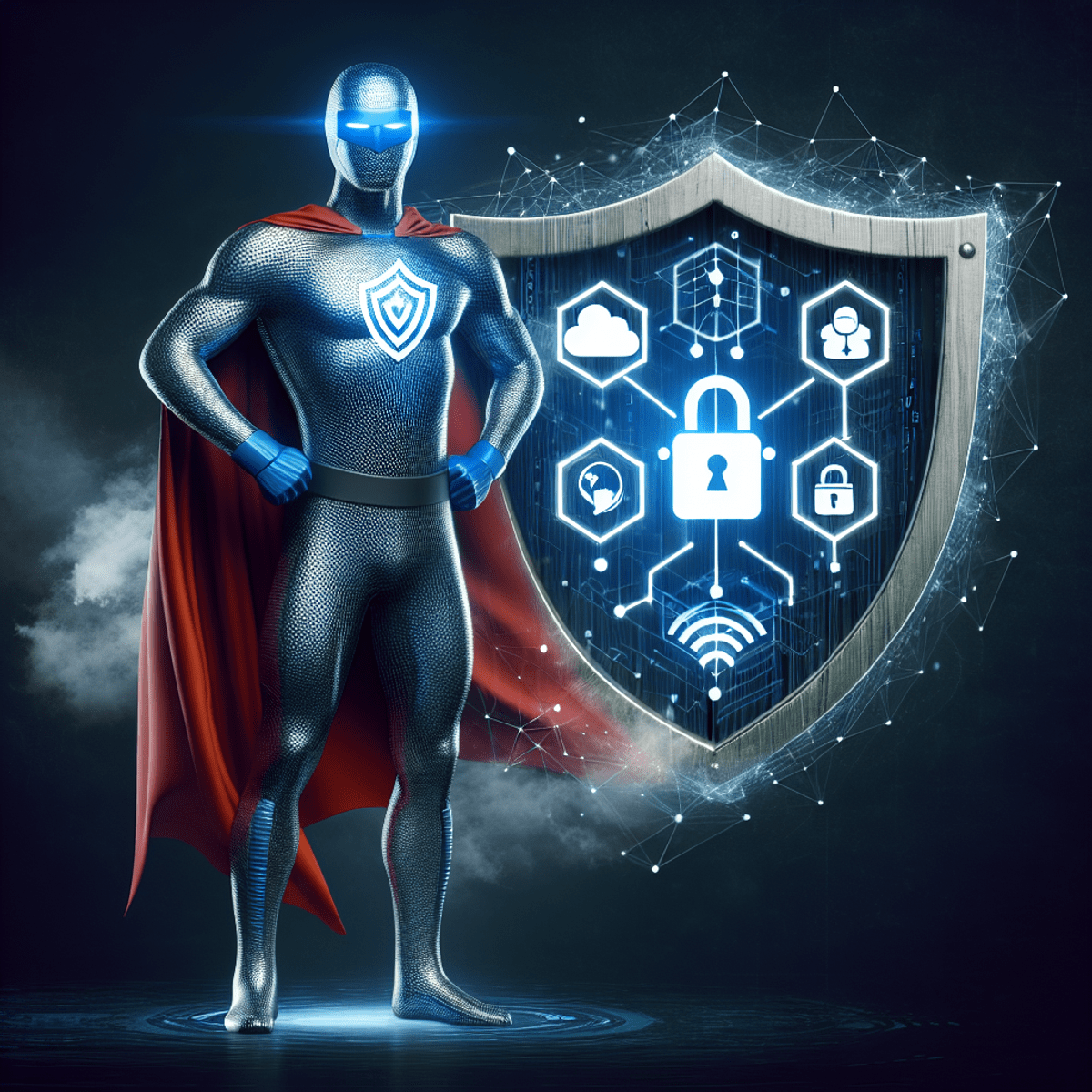 A digital superhero standing confidently with a shield featuring symbols of protection, encryption, and cloud technology.