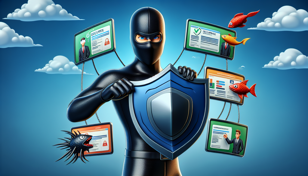 A cartoon image of a masked superhero in a dark, sleek suit holding a shield, symbolising email security and protecting business from incoming phishin